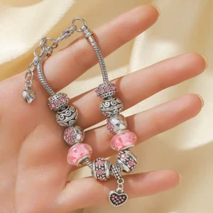 Stylish Pink Heart Bracelet - Exquisite Beaded Adjustable Serpentine Chain - Picture 1 of 7