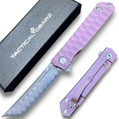 Solid Tc4 Titanium EDC Folding Knife! Damascus Steel Blade! Ball Bearing Pivot - Image 1 of 4