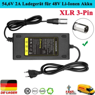 MARKENLOS Elektrofahrrad Ebike 13S 48V Lithium Akku Ladegerät 3 Pin XLR Stecker 54.6V 2A
