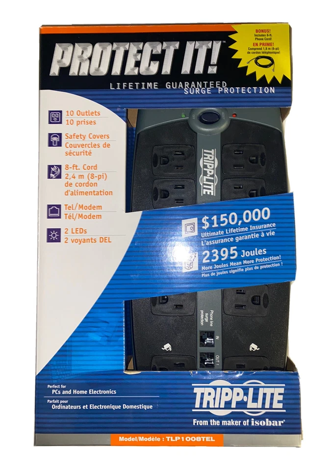 Tripp Lite TLP1008TEL 10 Outlet Surge Protector Power Strip 8ft Cord, NEW IN BOX - Image 1 of 4