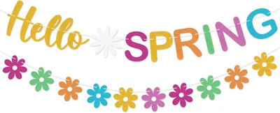Hola Primavera Banner Colorido Brillo Margarita Flores Primavera Banner Guirnalda Primavera Foto 1 de 4