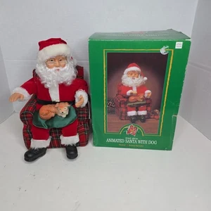 VINTAGE 16" SANTA PETTING HIS DOG NORTH POLE GEMMY With Box, Fully Functional! - Picture 1 of 7