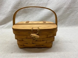 Vintage Longaberger Small Mini Basket Purse Wood Lid Leather Hinge Signed 1980s - Picture 1 of 6