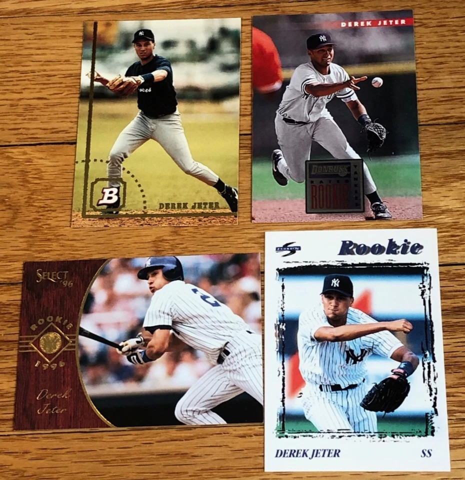 Lote de (4) tarjetas de novato Derek Jeter - 1994 Bowman, Donruss RR, puntuación, seleccionar Foto 1 de 1