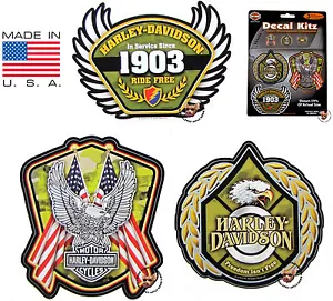 JUEGO DE 3 KIT DE CALCOMANÍAS MILITARES HARLEY DAVIDSON SALUDO * HECHO EN EE. UU. * - Imagen 1 de 5