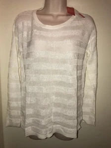 ELLE Women's Striped Embellished L/S Crewneck Sweater "MARSHMALLOW" Size M NWT - Picture 1 of 12