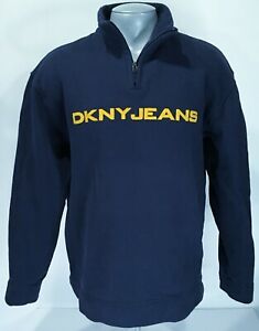 DKNY JEANS L Large 1/4 Zip Navy Blue Mens Sweatshirt Yellow Stitched Letters Vtg