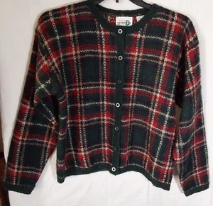 Vintage Paul Harris Womens Cardigan Sweater Tartan Plaid Blue & Burgundy Size LG - Picture 1 of 3