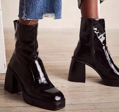 NEW Free People Ruby Shine Platform Ankle Boots Black Patent Leather Size 37 - Image 1 of 4