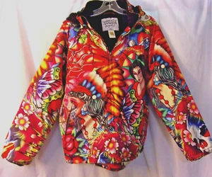 Chaqueta con capucha para mujer Don ED Hardy Puffer, talla XL estampado integral muy buen estado - Imagen 1 de 5