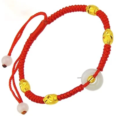 1PC Pure 999 24k Yellow Gold Carved Bead Natural Jade Red Cord Braided Bracelet - Image 1 of 4