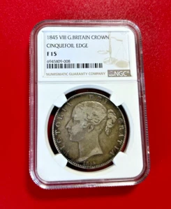 1845 SILVER GREAT BRITAIN CROWN CINQUEFOIL EDGE NGC F 15 - Picture 1 of 2