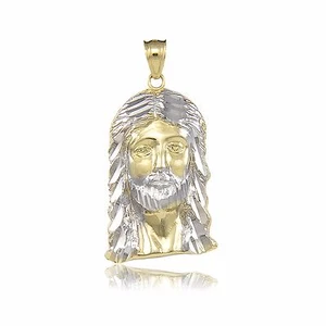 10K Solid Yellow White Gold Jesus Head Pendant - Face Dia Cut Necklace Charm - Picture 1 of 12