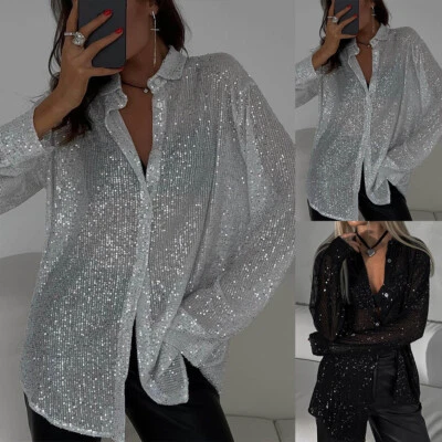 Women Button Down Sequin Shirts Ladies Long Sleeve Party Club Tunic Tops Blouse - Image 1 of 4