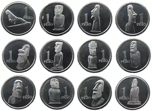 ISOLA DI PASQUA SET 12 MONETE 1 PESO 2021 STATUA MOAI ALLUMINIO 14mm UNC - Foto 1 di 2