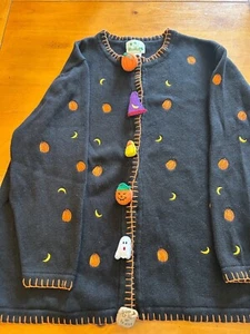 Vintage Quacker Factory Halloween Cardigan Sweater Size 2XL READ Pumpkins Ghost - Picture 1 of 13