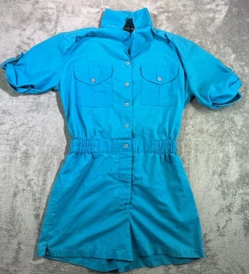 复古 90 年代 Dune Duds 女式 ROMPER 连身裤蓝色中号棉质 — 第 1/4 张图片