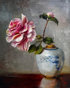 8x10 in ORIGINAL still life oil painting - Camellia- JFM ART - Picture 1 of 3
