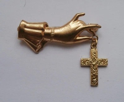 Broche Colgante Cruz Grabado a Mano y Metal Dorado Años 40 BN Vintage Stock Muerto - Imagen 1 de 4