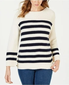 Charter Club Striped Boat-Neck Sweater, Cream/ Admiral Blue, Sz. S - Picture 1 of 10