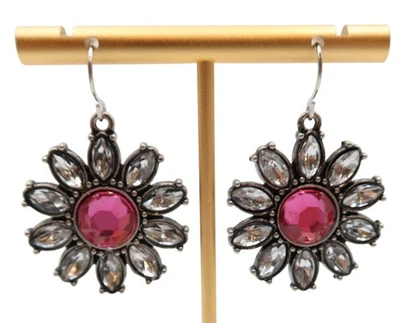Rhinestone Daisy Flower Drop Statement Earrings Fuchsia Clear Pink Silver Tone - Image 1 of 4