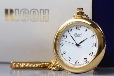 [Near MINT]  RICOH Gold Quartz Pocket Watch Roman Dial From JAPAN - Image 1 of 4