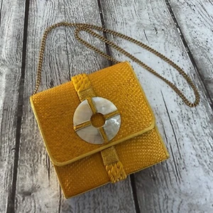 Seltene Liza Castro Ringelblume gelb Buntal Palme Tasche Perlmutt Detail Bohemian - Bild 1 von 6