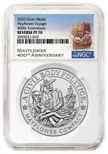 2020 Mayflower Anniversary .9999 - REVERSE Silver Proof Medal 20XD PR70 NGC PF70 - Picture 1 of 5