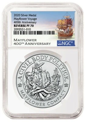 2020 Mayflower Anniversary .9999 - REVERSE Silver Proof Medal 20XD PR70 NGC PF70 - Image 1 of 4