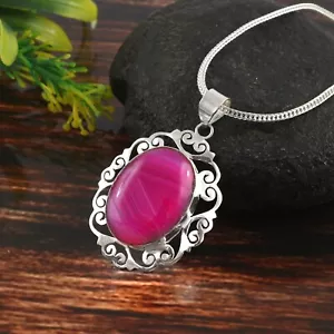 925 Plata de Ley Original Ovalado Rosa Ágata Rayada Gema Colgante Regalo - Imagen 1 de 9