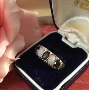 Antique Victorian Vintage Jewellery Sterling Silver Ring Opals Garnets Jewelry - Picture 1 of 12