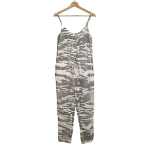 Enza Costa Size S White Grey Print 100% French Linen Drawstring Jumpsuit