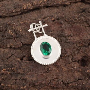 925 Silver Oval May Green Emerald Gemstone Birthday Bezel Trendy Pendant Jewelry - Picture 1 of 8