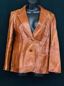 Vintage 1970s brown leather jacket, genuine soft boho retro woven X detail M - Picture 1 of 12
