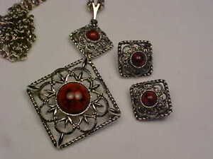 Vintage Sarah Coventry "Inca Fire" (1976) Double Brooch/Necklace & Earrings Set