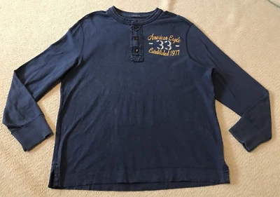 American Eagle Mens Vintage Fit Henley Shirt Size XXL Blue Long Sleeve Logo - Image 1 of 4