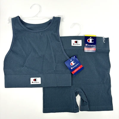 NWT Champion Women's M Seamless Ribbed Racerback Blue Bra & Shorts Set C Badge - Image 1 of 4
