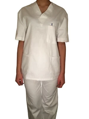 DIVISA SANITARIA OSS  INFERMIERE BIANCO COTONE ULTRA SOTTILE UNISEX OSPEDALIERA - Immagine 1 di 4