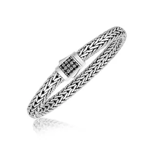 Black Sapphire Embellished Men's Braided Bracelet Size 7 Genuine Sterling Silver - Picture 1 of 2