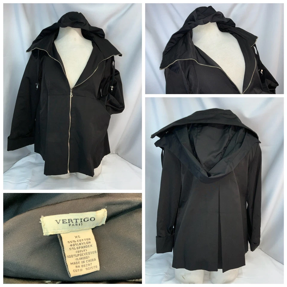 Jaqueta de chuva Vertigo com capuz XS feminina preta algodão náilon zíper completo YGI L1-168 - Imagem 1 de 4