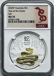 2025 AUSTRALIA LUNAR YEAR OF THE SNAKE 1OZ SILVER COIN W/24K GOLD GILT NGC MS70 - Picture 1 of 3