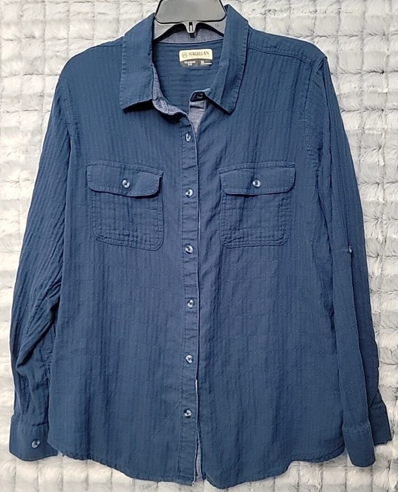 Camisa Magellan Campfire Azul Abotonada Para Mujer XL Blusa Manga Larga con Pestaña Enrollable Foto 1 de 4