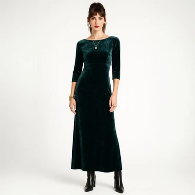 Vintage Velvet Dress XS Dark Green Boatneck Whimsigoth Nicole Miller Maxi - Image 1 of 4