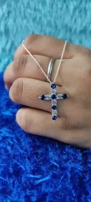 14K White Gold Plated 2Ct Lab-Created Blue Sapphire Round Cut Cross Pendant - Image 1 of 4