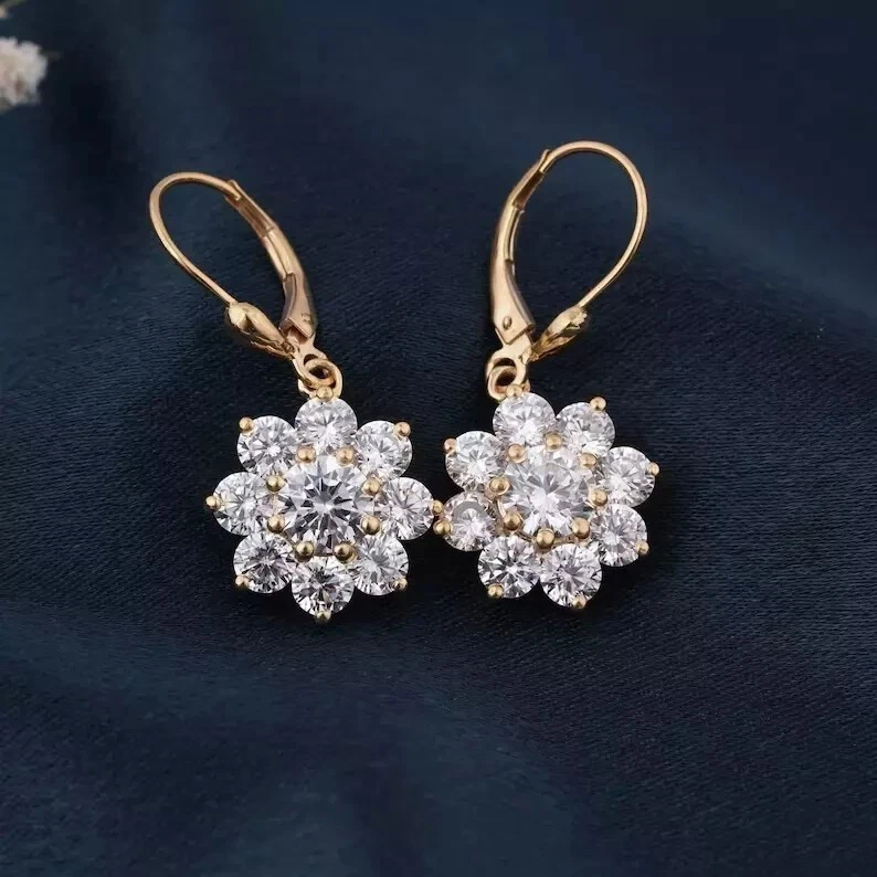 2CTW D/VVS1 Moissanite Round Flower Drop Dangle Earrings 14K Yellow Gold Plated - Image 1 of 4