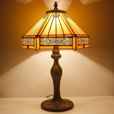 Tiffany Lamp Yellow Hexagon Stained Glass Mission Style Table Lamp Desk Bedsi... - Image 1 of 4