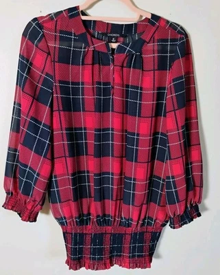 Chadwick's Womens Size 12 Red & Black Plaid Smocked Holiday Waist Blouse Top - Image 1 of 4