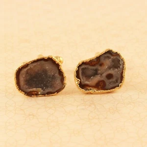 Beautiful Brown Geode Druzy Gold Electroplated Handmade Men's Cufflink Jewelry - Picture 1 of 3