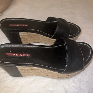 Prada Shoes Wedges clogs / mules / sandals Black Size 8 - Picture 1 of 7