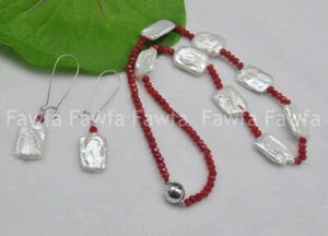15X20mm White Baroque Pearl & 2x4mm Faceted Red Jade Necklace Earrings Set 18'' - Picture 1 of 3
